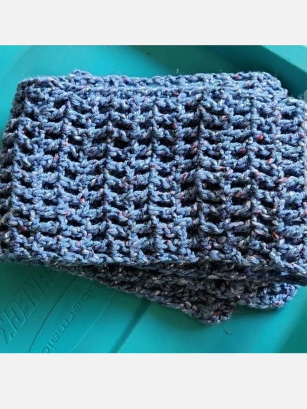 Handmade Blue Speckled Knitted Crocheted Scarf